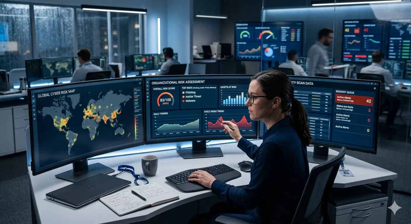 IT professional reviewing cyber security risk assessment dashboard on multiple monitors